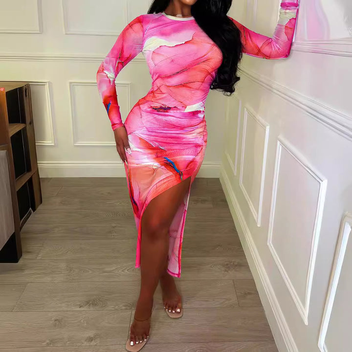 Women's Figure-hugging Maxi Dress made of Mesh with Long Sleeve, Side Leg Slit and Abstract Print Mune Fashion