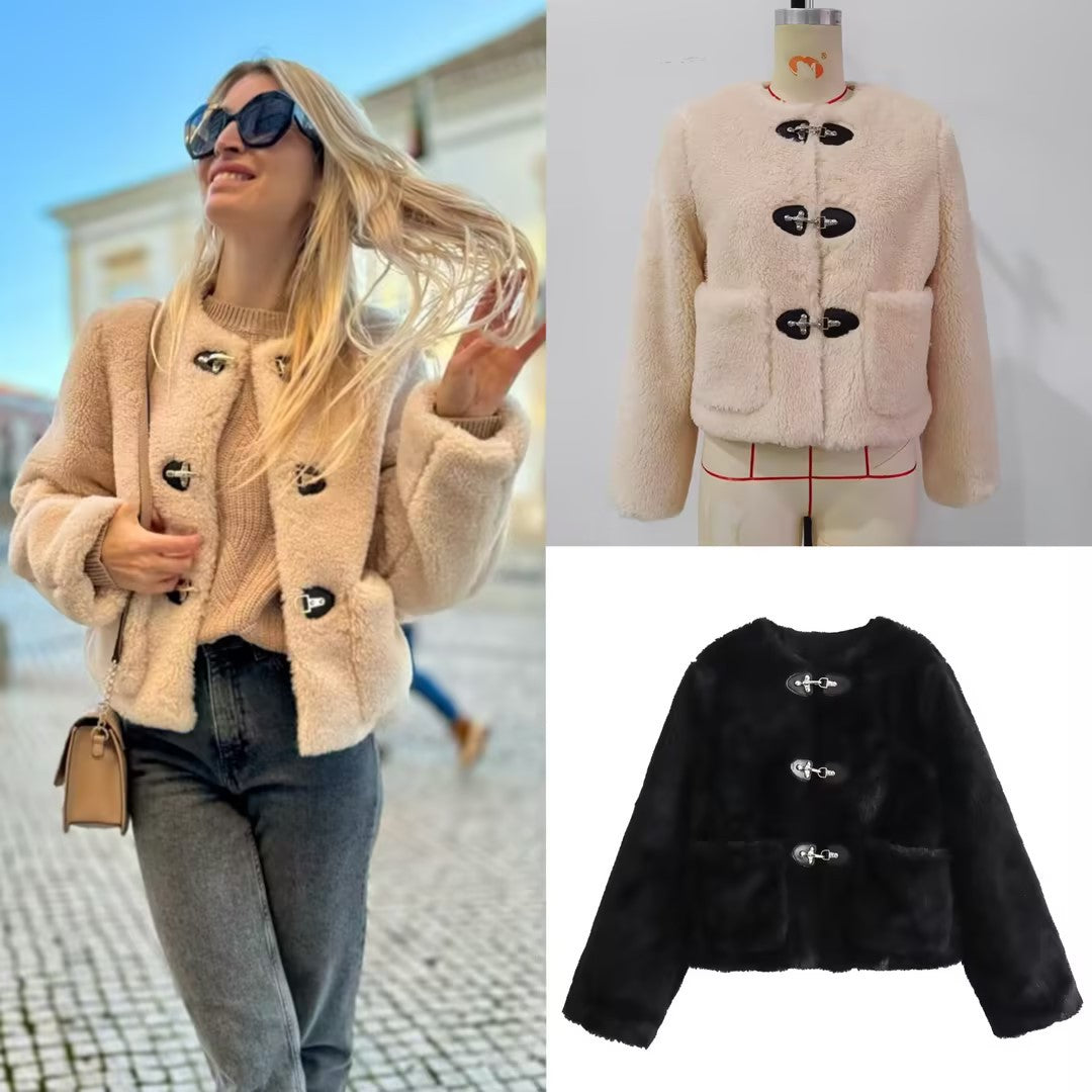 Women's Short Teddy Jacket Made of Faux Fur with Toggle Closures and Patch Pockets Mune Fashion