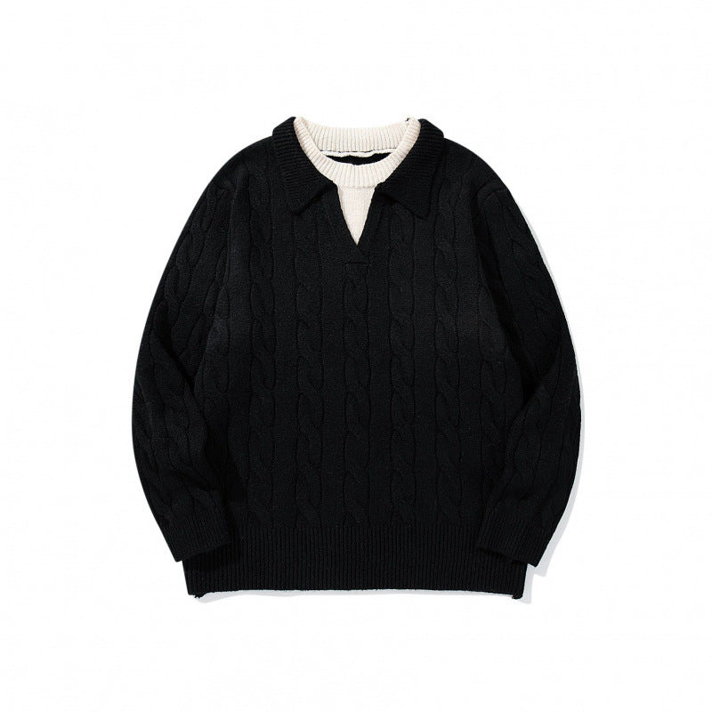 Men's chunky knit cable pattern sweater with polo collar and V-neck Mune Fashion