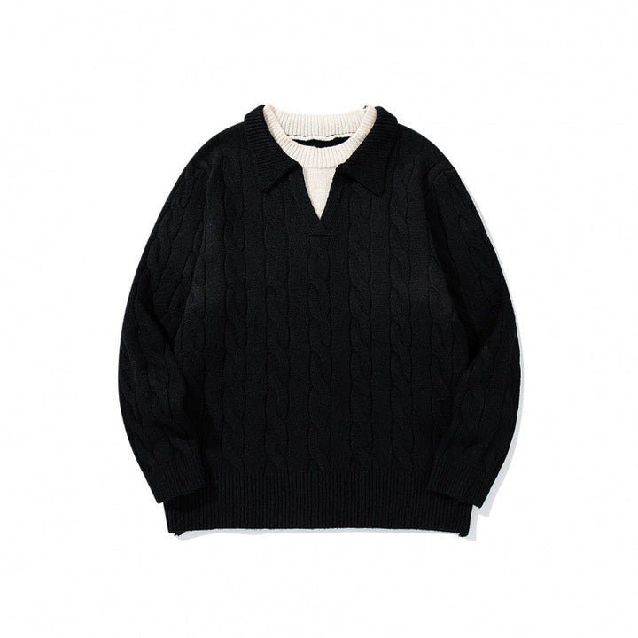 Men's chunky knit cable pattern sweater with polo collar and V-neck Mune Fashion