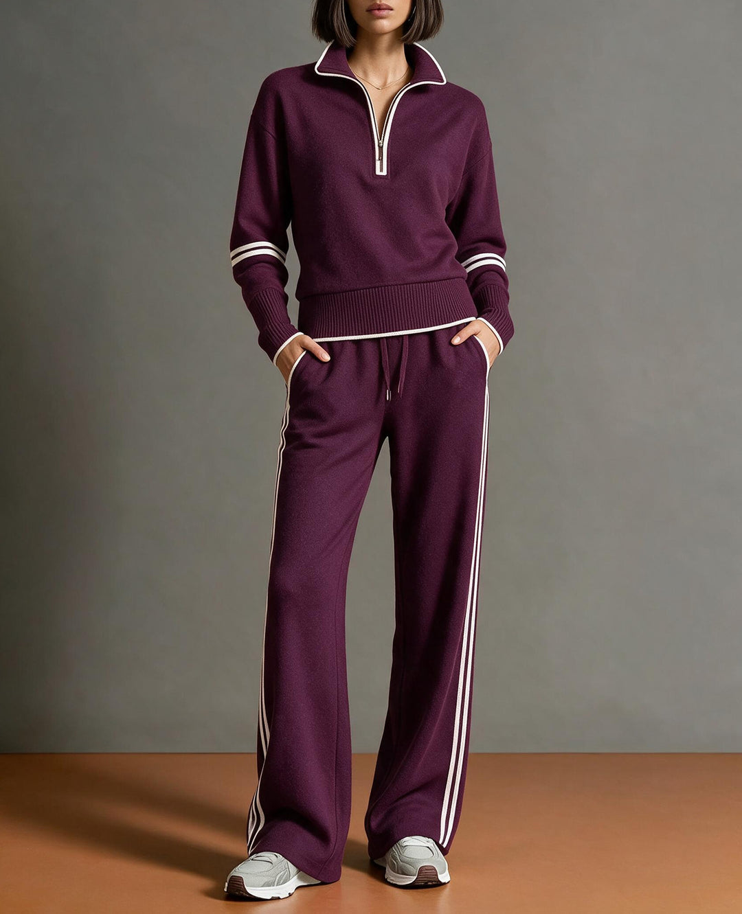 Women's Comfortable Knit Jogging Set with Stand-Up Collar, Half Zipper and Contrast Stripes Mune Fashion