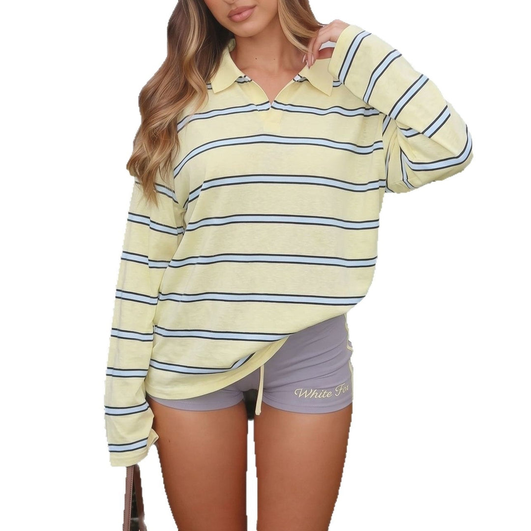 Women's Oversized Polo Shirt in Striped Look with Long Sleeves Mune Fashion