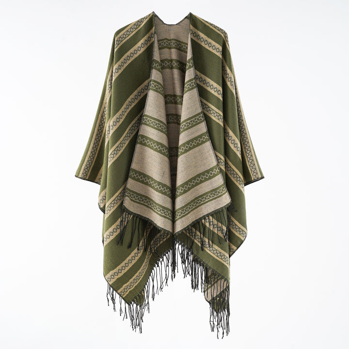 Women's wool blend wrap poncho in jacquard stripe with fringes Mune Fashion