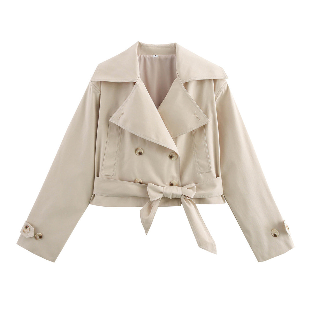 Women's Cropped Trench Coat in Boxy Cut with Wide Lapels and Tie Mune Fashion