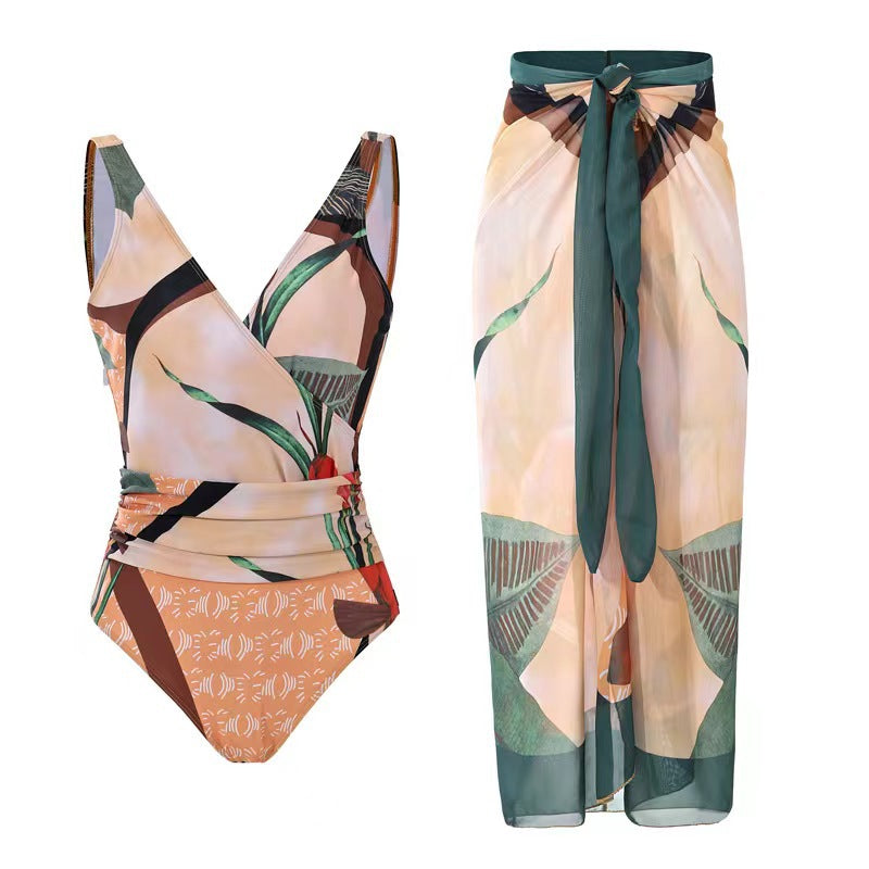 Women Elegant Wrap Swimsuit with Floral Designs and Matching Overlay Skirt Mune Fashion