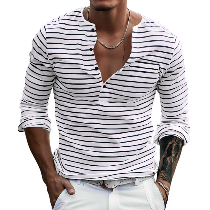 Men's striped long-sleeve shirt with short button placket, round neckline, and subtle chest pocket Mune Fashion