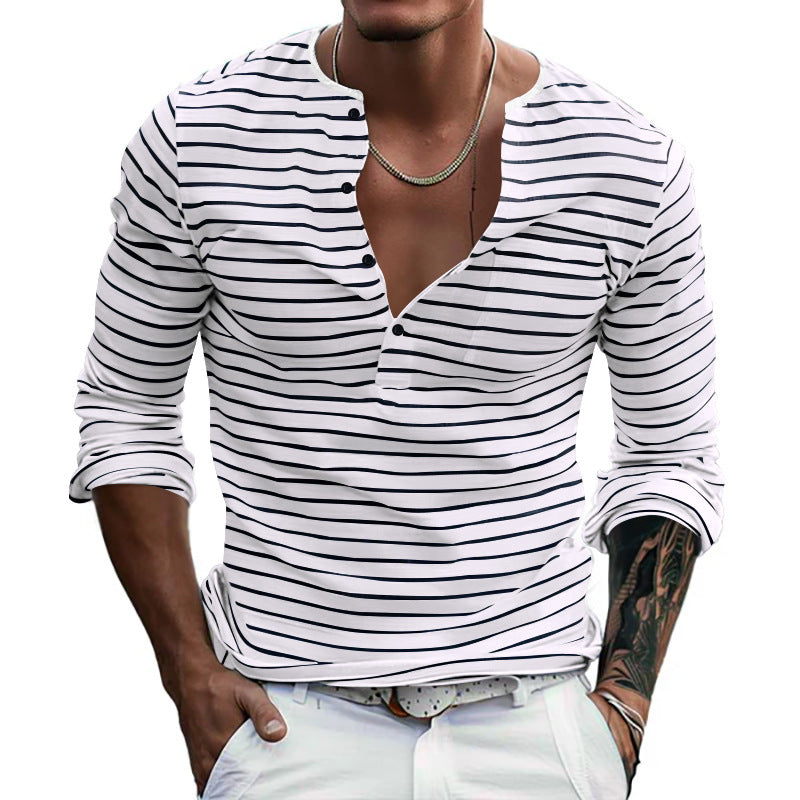 Men's striped long-sleeve shirt with short button placket, round neckline, and subtle chest pocket Mune Fashion
