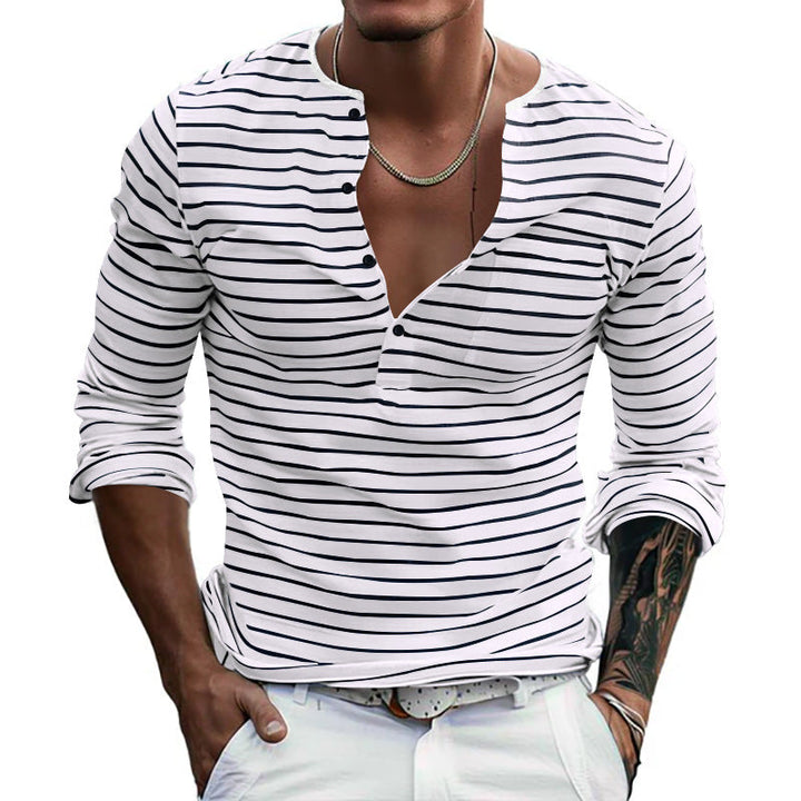 Men's Long Sleeve Henley Shirt with Fashionable Stripe Pattern Mune Fashion