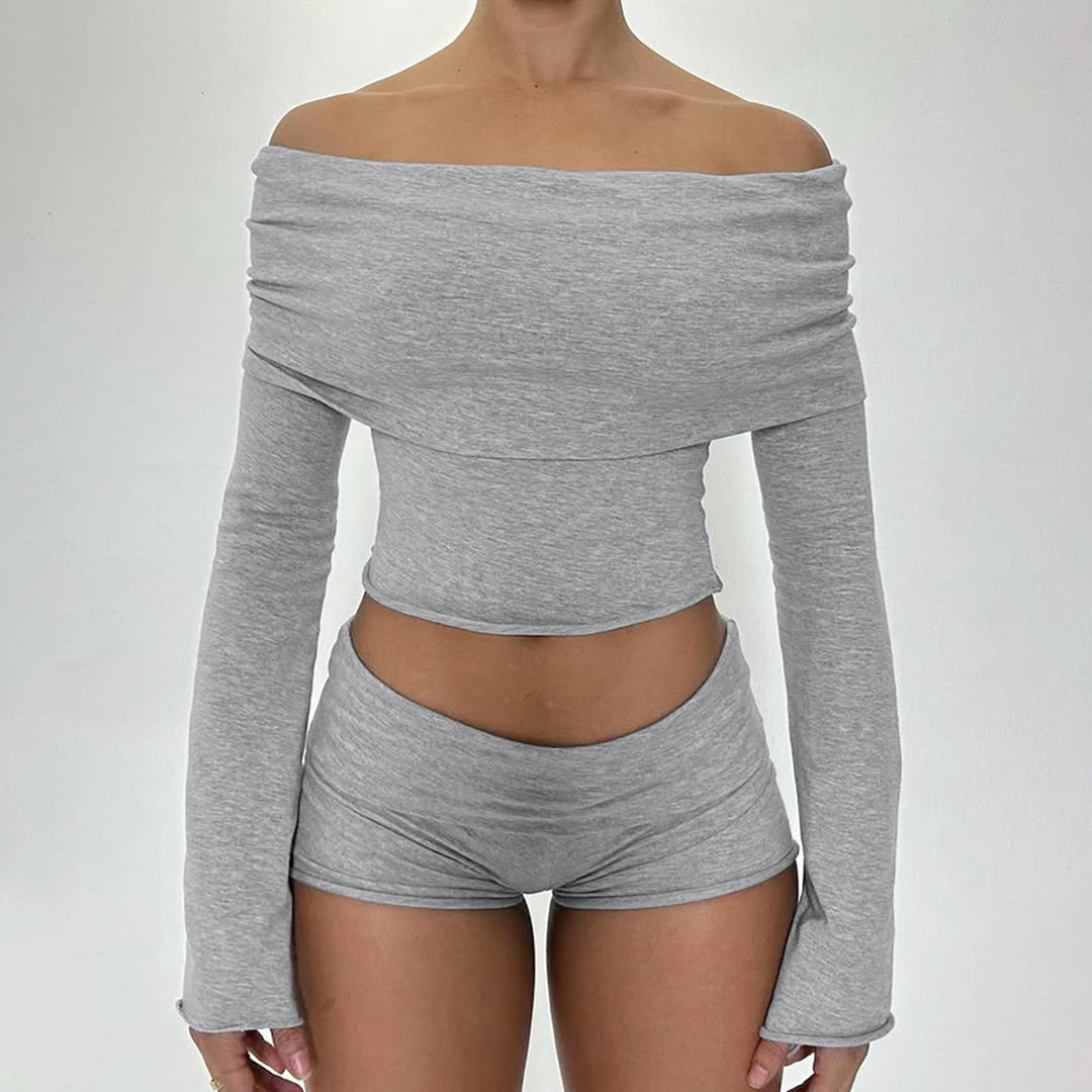 Women's Off-Shoulder Lounge Set with Long Sleeve Crop Top and High Waist Shorts made of Stretch Jersey Mune Fashion