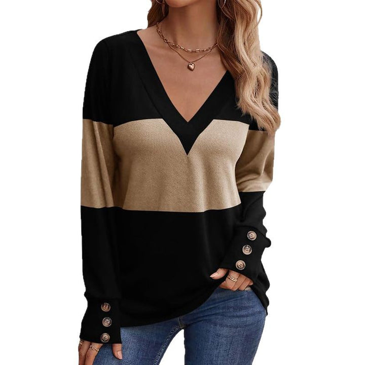 Women's fine knit pullover with V-neck, color block and decorative button cuffs Mune Fashion