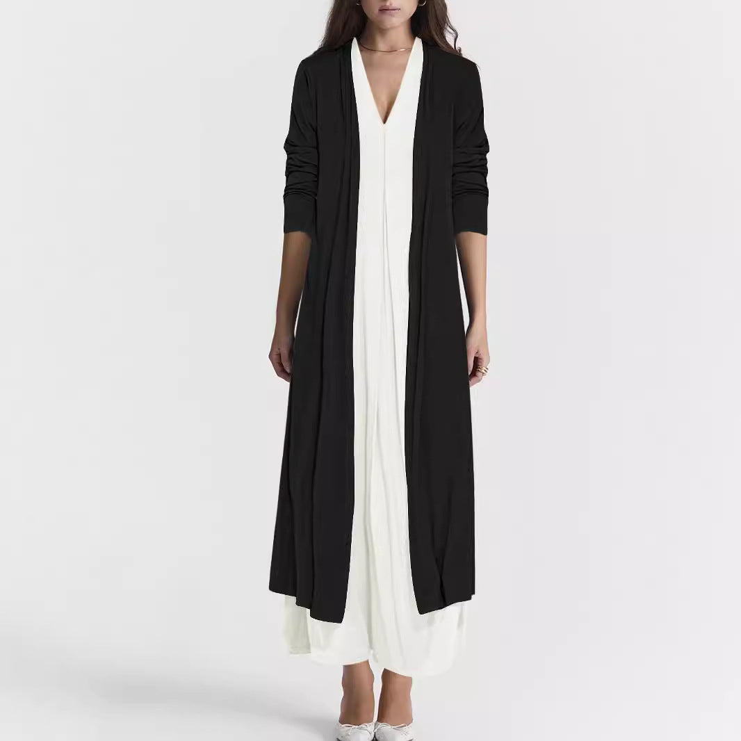 Women Long Open Jersey Cardigan with Pockets and Flowing Draping Drune