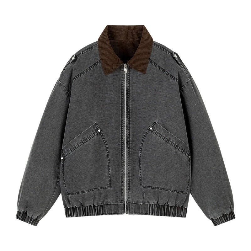 Men's Oversized Canvas Bomber Jacket with Cord Collar, Zipper & Pockets Mune Fashion