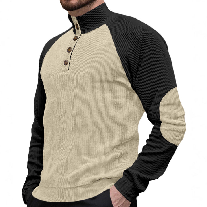 Men's two-tone ribbed troyer with asymmetrical button placket and velour elbow patches Mune Fashion