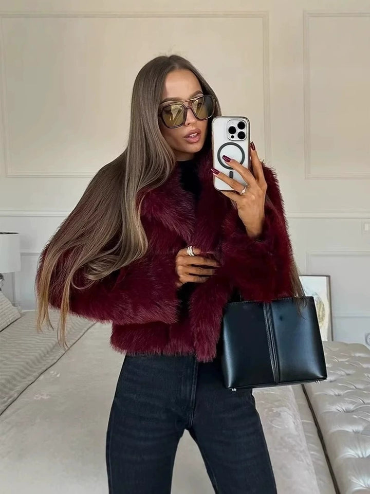 Women's Short Teddy Faux Fur Cropped Blouson with Internal Button Placket and Soft Sleeve Cuffs Mune Fashion