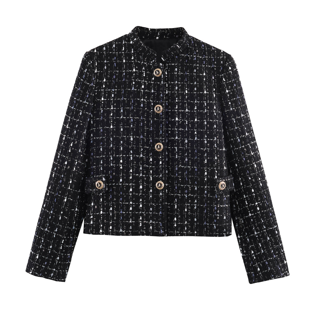 Women's casual tweed jacket with stand-up collar, decorative buttons, and patch pockets Mune Fashion