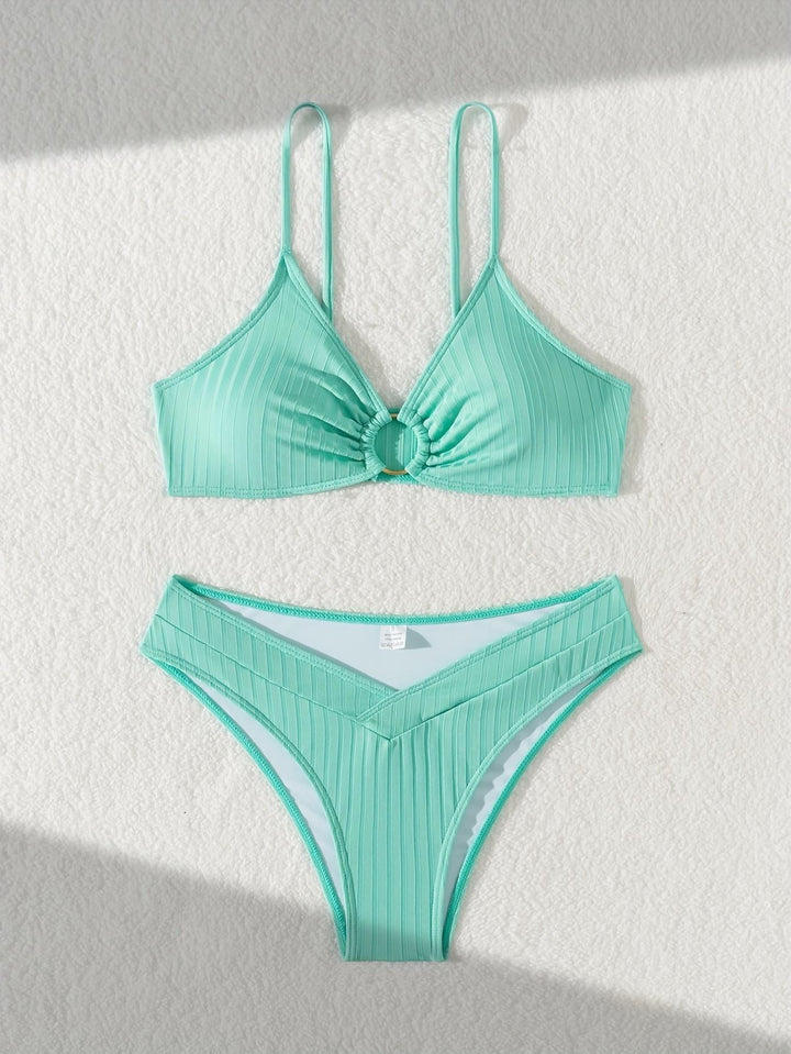 Women Sophisticated Bikini Top with V-Neck and Decorative Ring Mune Fashion
