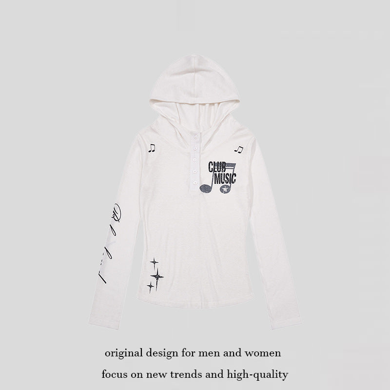 Women's Lightweight Long Sleeve Hoodie Henley Shirt with Button Placket, Hood and Music Print Mune Fashion