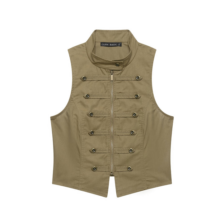 Ladies Tailored Canvas Vest with Front Zipper and Decorative Button Ribbons Mune Fashion