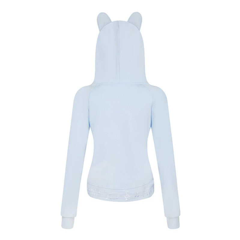 Women's hooded sweat jacket with bear ears, zipper, musical print and polka lining Mune Fashion
