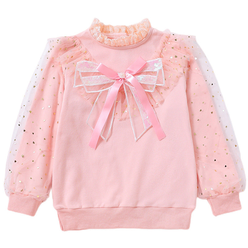 Girls' fashionable sweatshirt with decorative tulle sleeves and bow details Mune Fashion