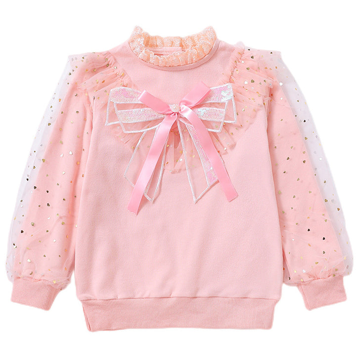 Girls' fashionable sweatshirt with decorative tulle sleeves and bow details Mune Fashion