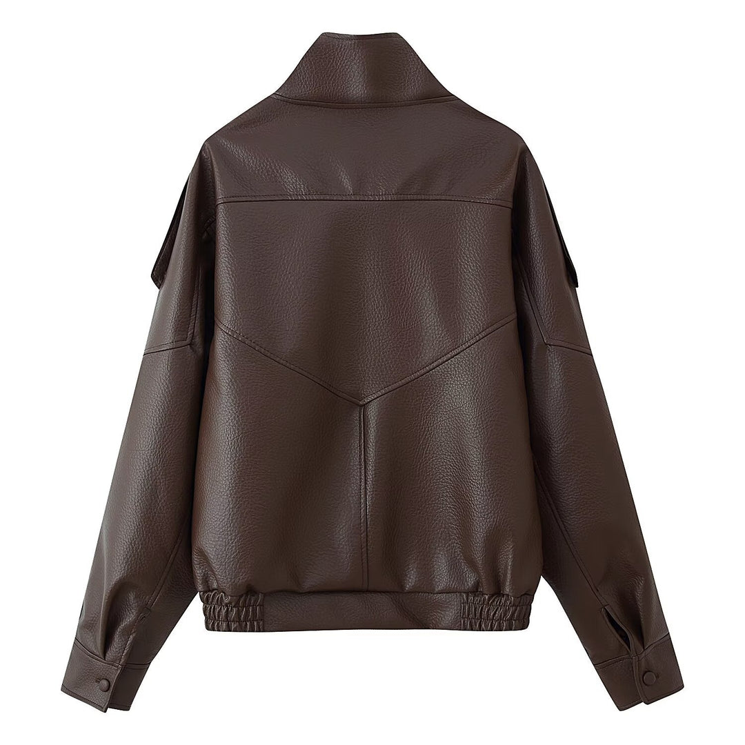 Women's Oversized Faux Leather Jacket with Shirt Collar and Elastic Hem Mune Fashion