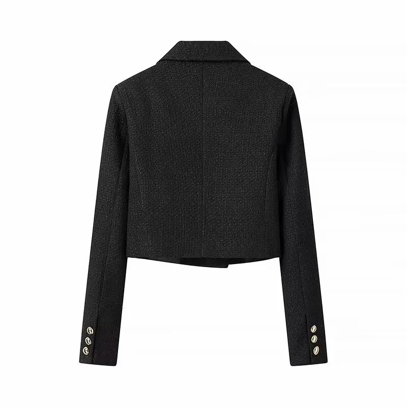 Women's short bouclé cropped jacket with lapel collar and decorative metal buttons Mune Fashion