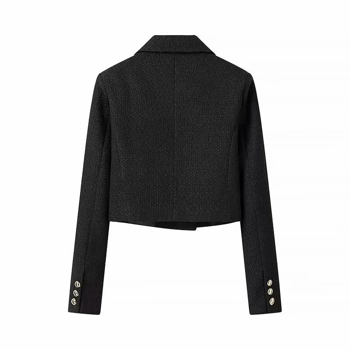 Women's short bouclé cropped jacket with lapel collar and decorative metal buttons Mune Fashion