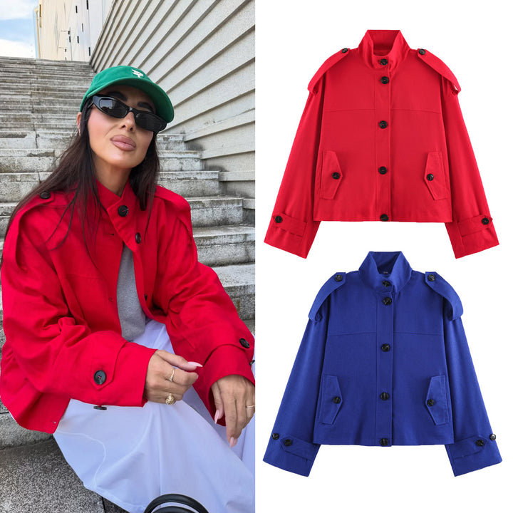 Women's Short Cut Utility Jacket with Stand Collar, Epaulettes and Flap Pockets Mune Fashion