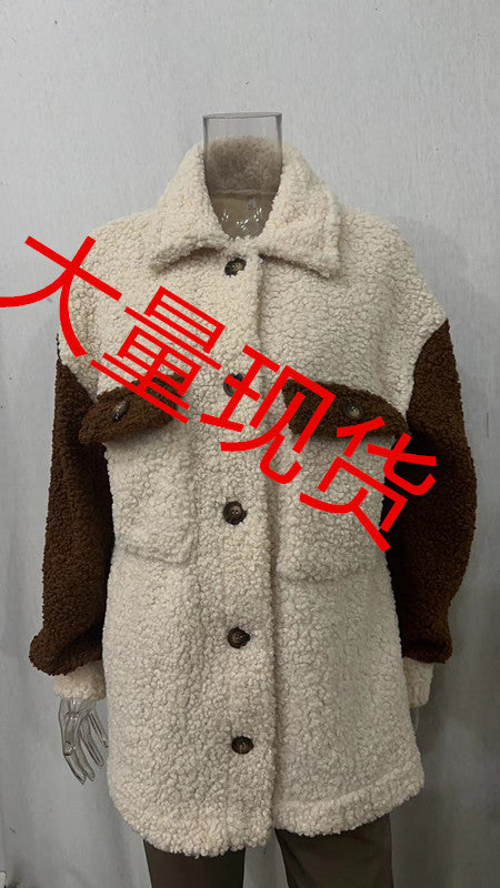 Women's oversized Teddy shirt jacket with contrast stripes, applied chest pockets and visible button placket Mune Fashion