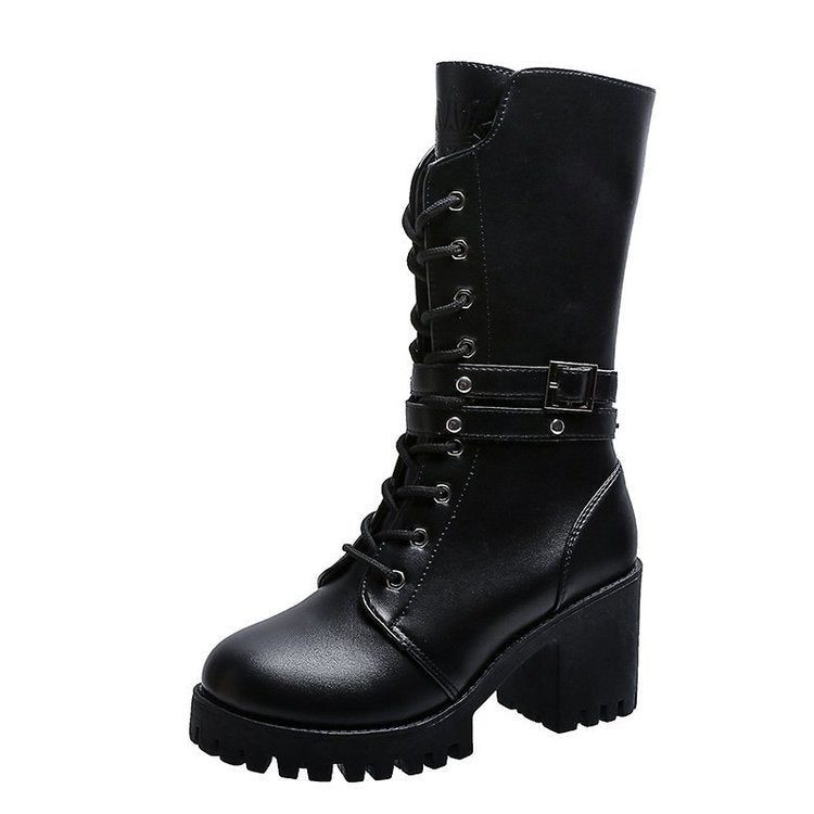 Women nano mid-height lace-up boots with tread sole, block heel and decorative strap Mune Fashion