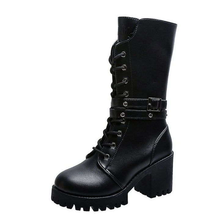 Women nano mid-height lace-up boots with tread sole, block heel and decorative strap Mune Fashion