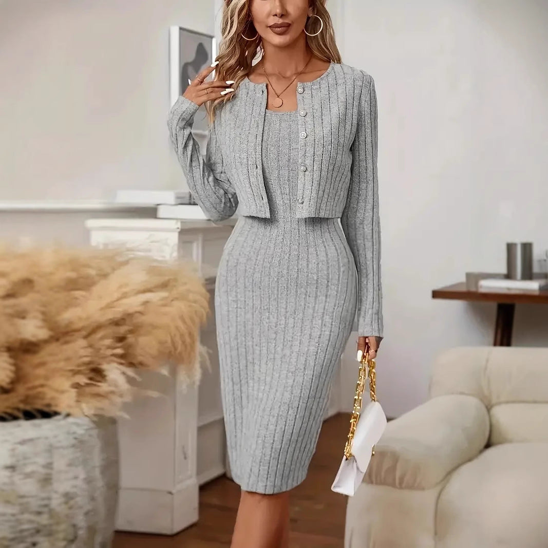 Women Ribbed Knit Midi Dress with Matching Short Jacket Mune Fashion