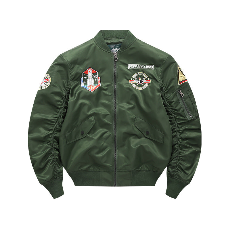 Men's  vintage-inspired mission patch flight bomber with utility sleeve pocket Mune Fashion