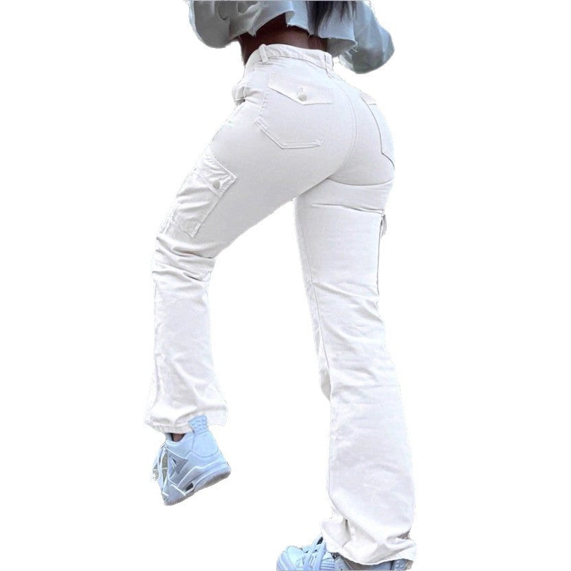 Women’s high-waisted cargo jeans with flared hem and functional flap pockets Mune Fashion