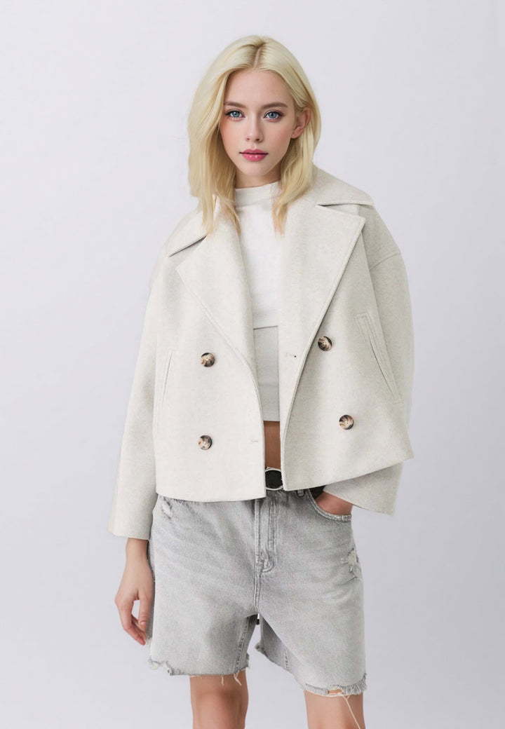 Women's Short Double-Breasted Wool Blend Coat with Oversized Lapels Mune Fashion