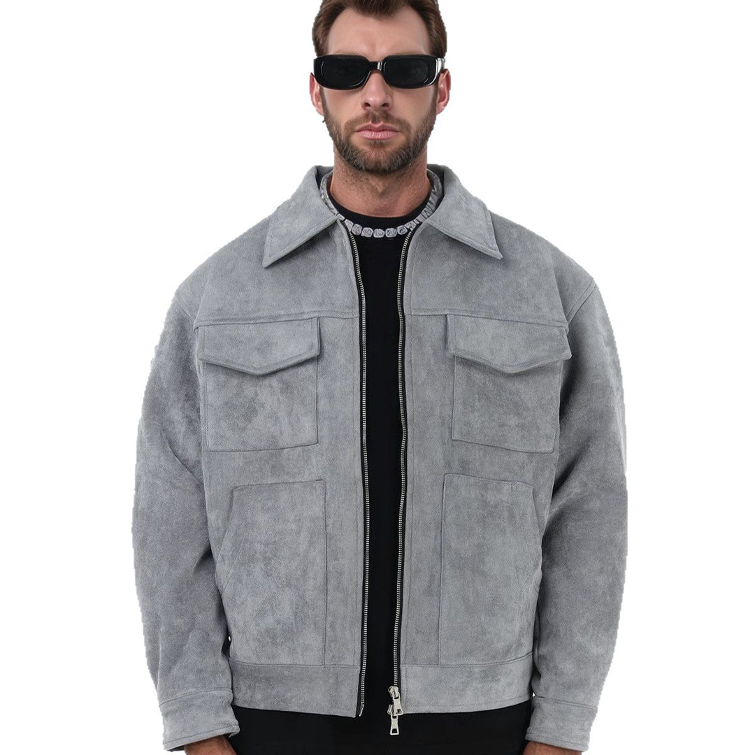 Men's oversized suede jacket with zipper, shirt collar, and patch pockets Mune Fashion