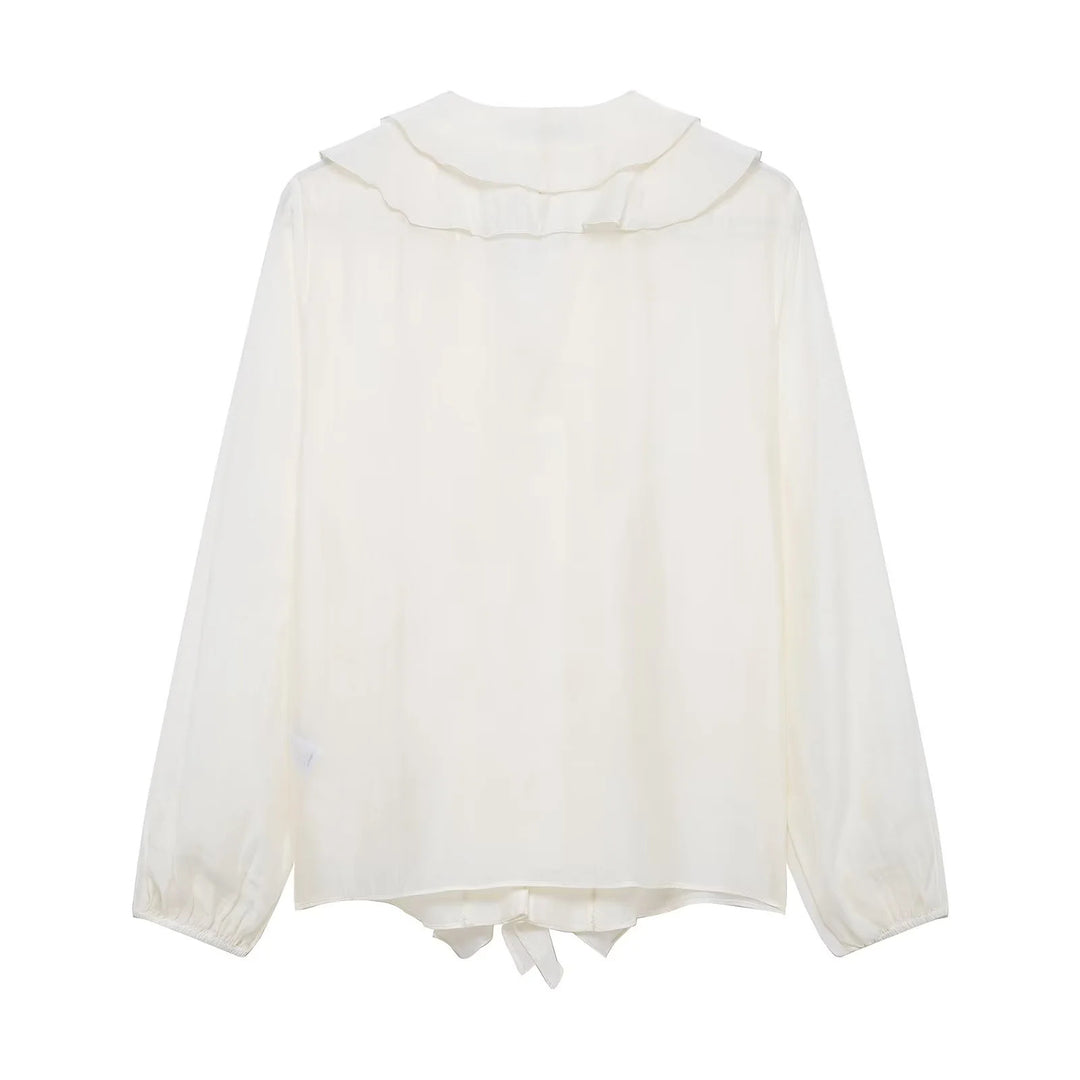 Women ruffled chiffon blouse with V-neck, continuous button placket and ruffle details Mune Fashion
