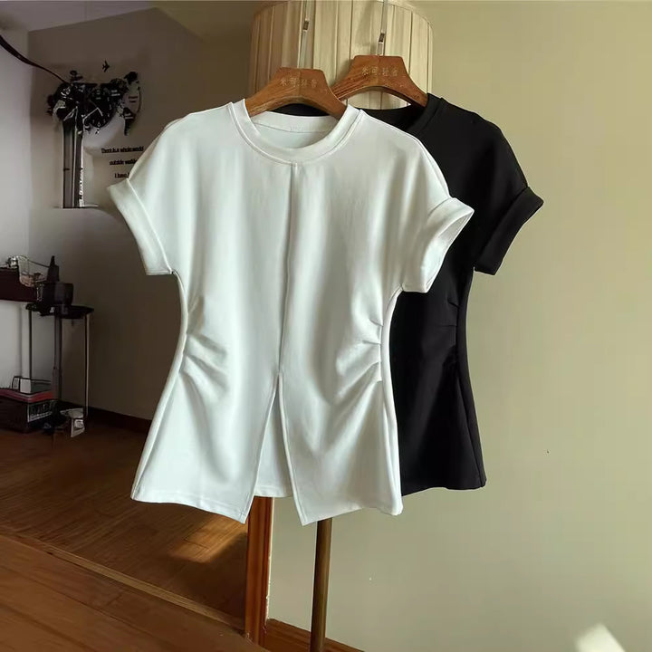 Women Short-Sleeved Structured Jersey Shirt with Waist Gatherings and Front Slit Mune Fashion