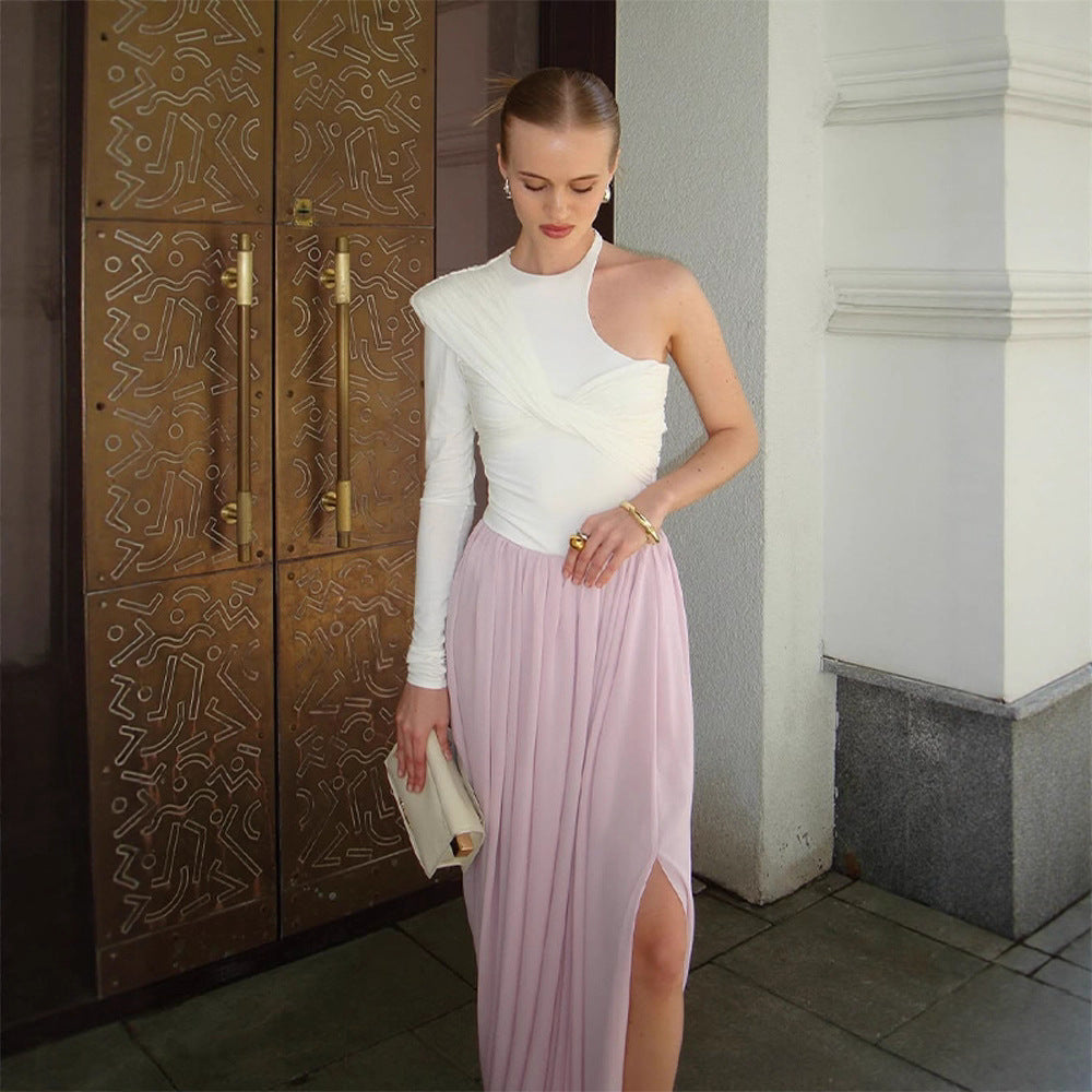 Women Asymmetric One-Shoulder Maxi Dress with Draped Top, Long Pleated Skirt and Leg Slit Mune Fashion