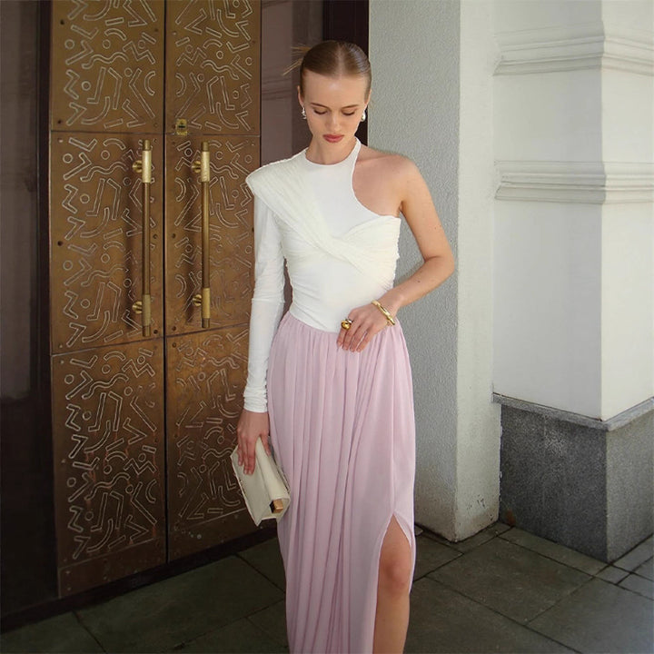 Women Asymmetric One-Shoulder Maxi Dress with Draped Top, Long Pleated Skirt and Leg Slit Mune Fashion