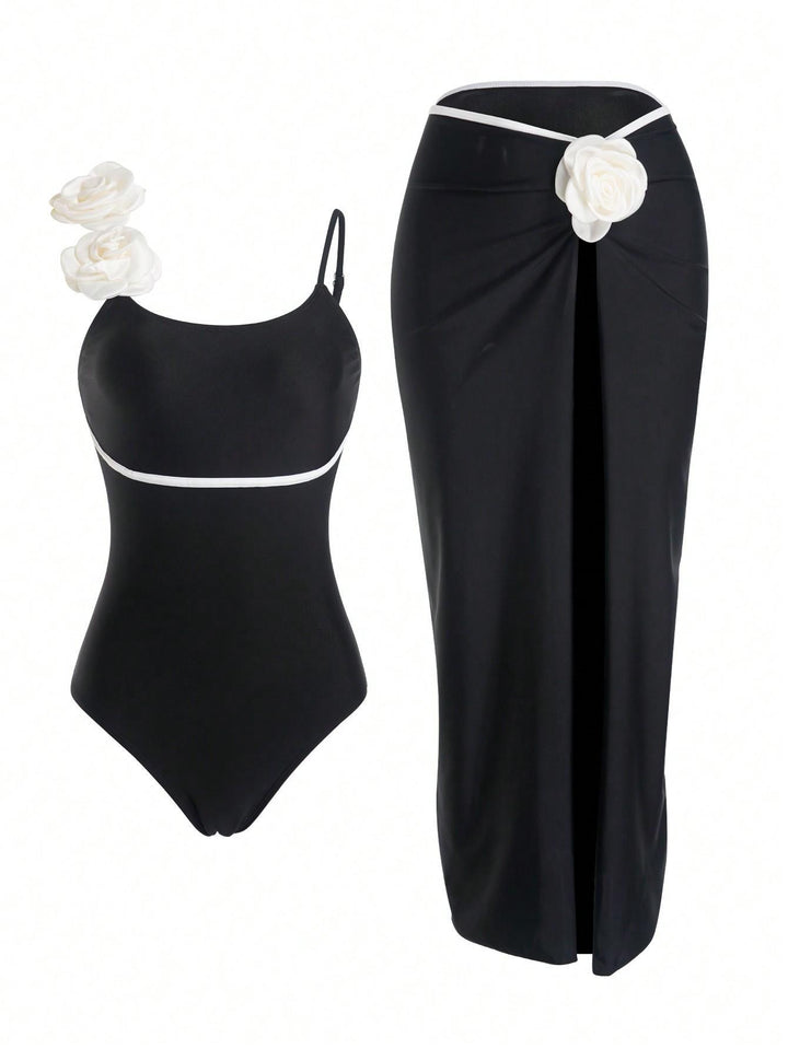 Women’s One-Piece Swimsuit with Elegant Skirt and Playful Flower Details Mune Fashion