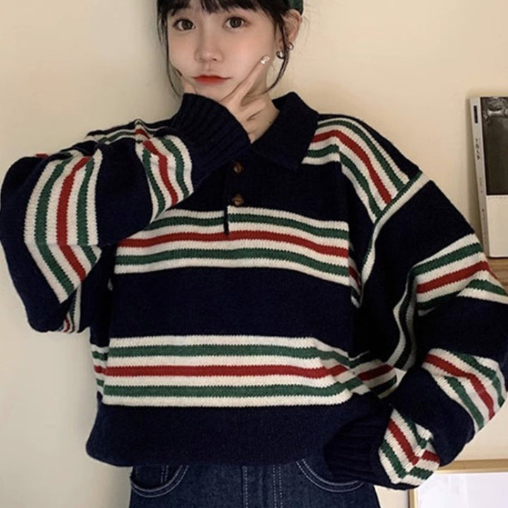 Women's Oversize Polo Collar Knit Sweater with Maritime Block Stripes and Boxy Cropped Silhouette Mune Fashion