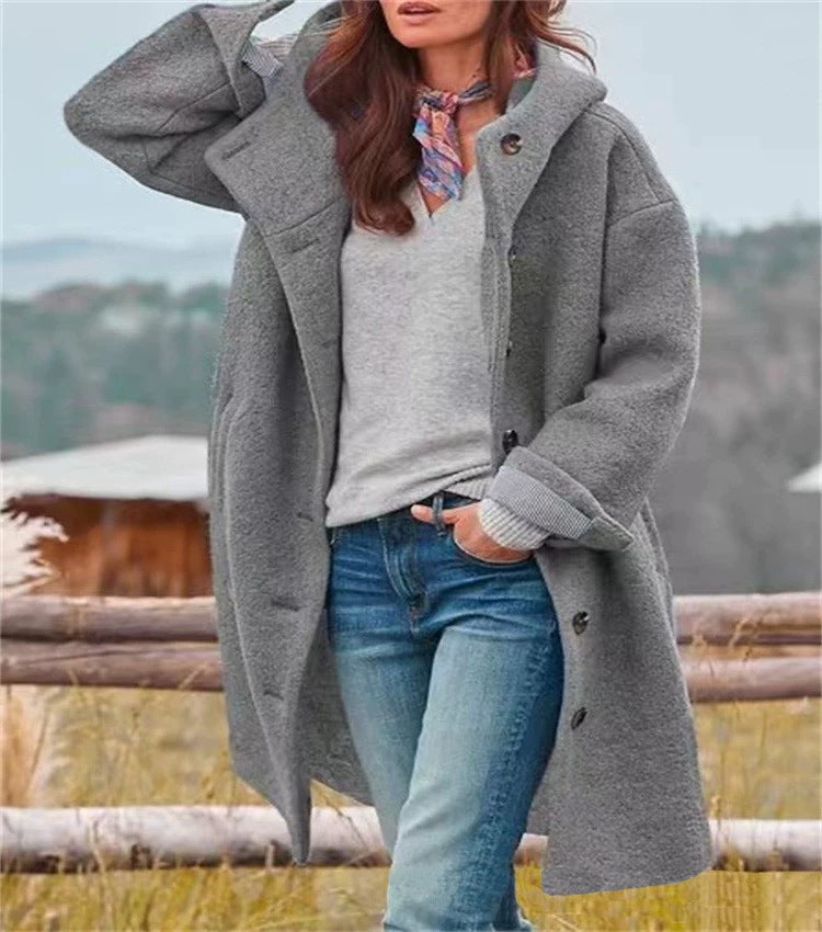 Women's Boucle Hoodie Coat in Oversized Cut with Concealed Button Placket Mune Fashion