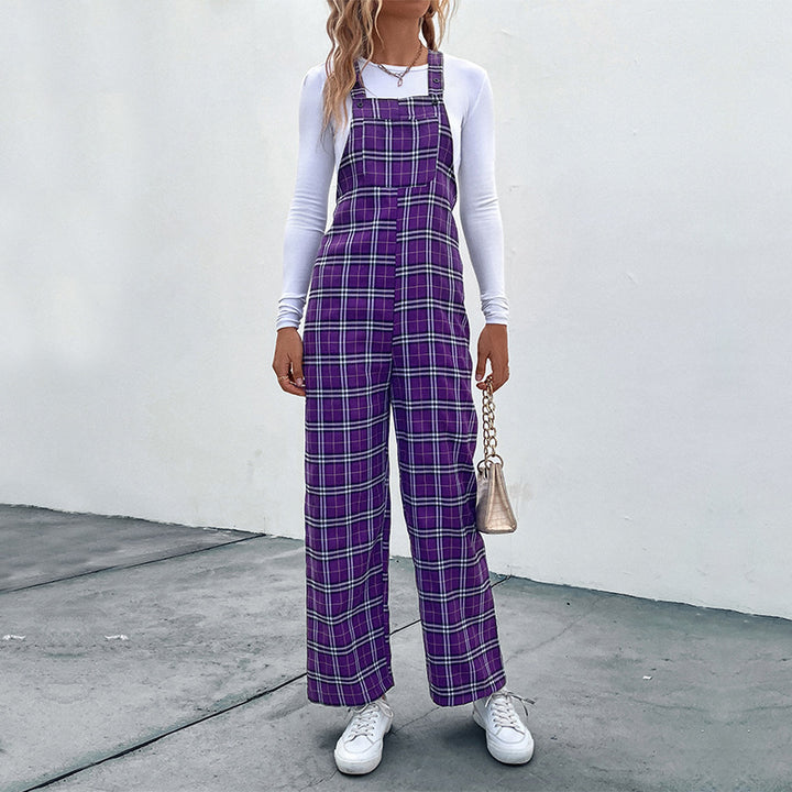 Women's Casual Checkered Jumpsuit with Wide Leg and Adjustable Straps Mune Fashion