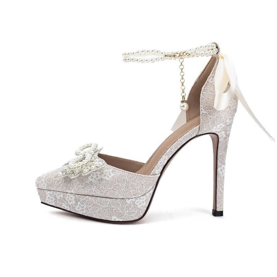 Ladies' satin pumps with lace overlay, pearl bow appliqué, and pearl lacing Mune Fashion