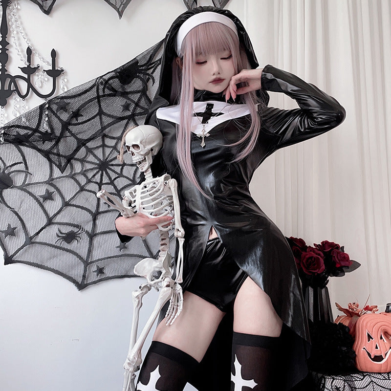 Women Gothic Nun Costume with expressive design and transparent overlay skirt Mune Fashion
