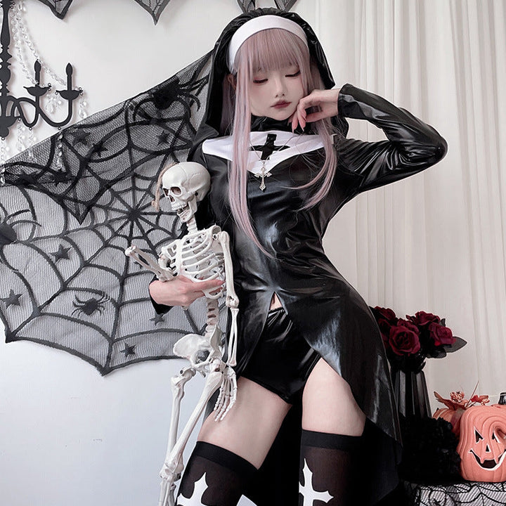 Women Gothic Nun Costume with expressive design and transparent overlay skirt Mune Fashion