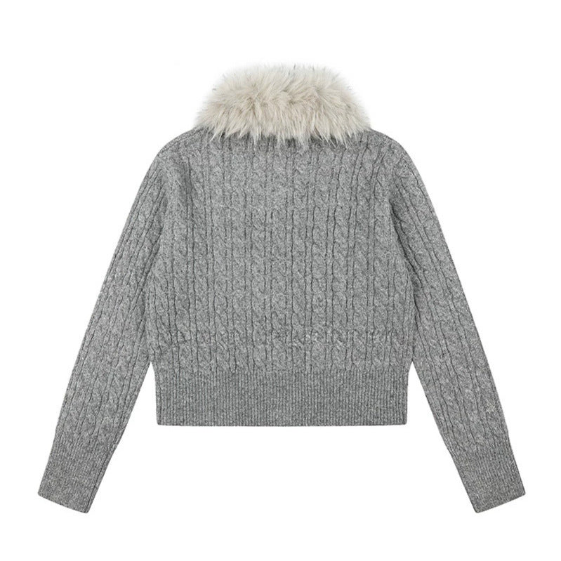 Women's Short Cable Knit Cardigan with Removable Faux Fur Collar and Toggle Button Closure Mune Fashion
