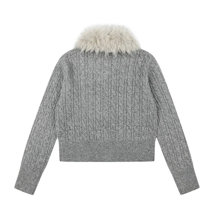 Women's Short Cable Knit Cardigan with Removable Faux Fur Collar and Toggle Button Closure Mune Fashion
